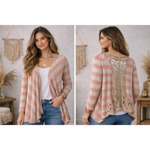 Wet Seal Pink Beige Striped Lightweight Boho Cardigan Crochet Lace Back Medium